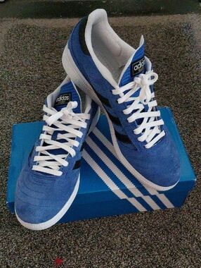 adidas Blue Suede Sneakers with White Laces and Black Stripes